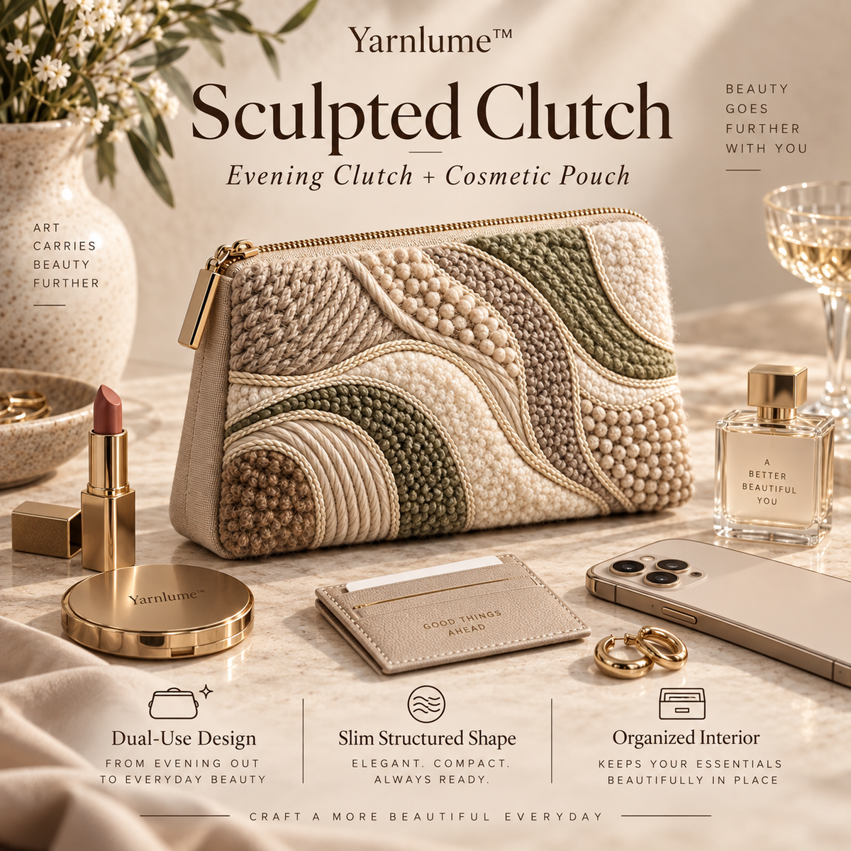 Yarnlume™ Sculpted Clutch  Small in Size. Rich in Texture. Made to Go Out With You.